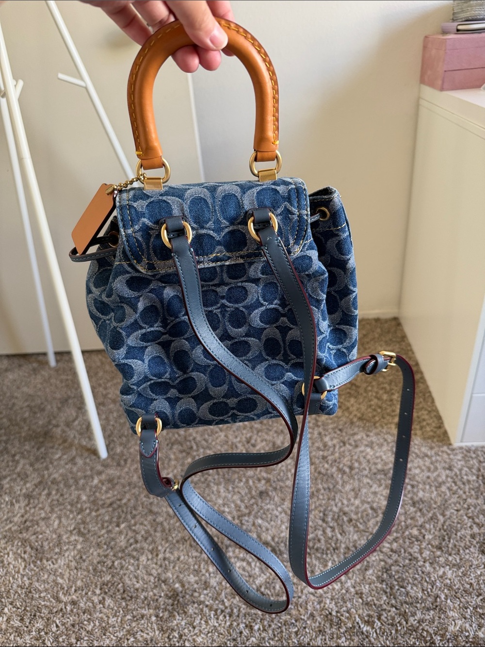 Coach Blue Denim Signature Mini Backpack with Tan Leather Handle - Picture 2 of 8